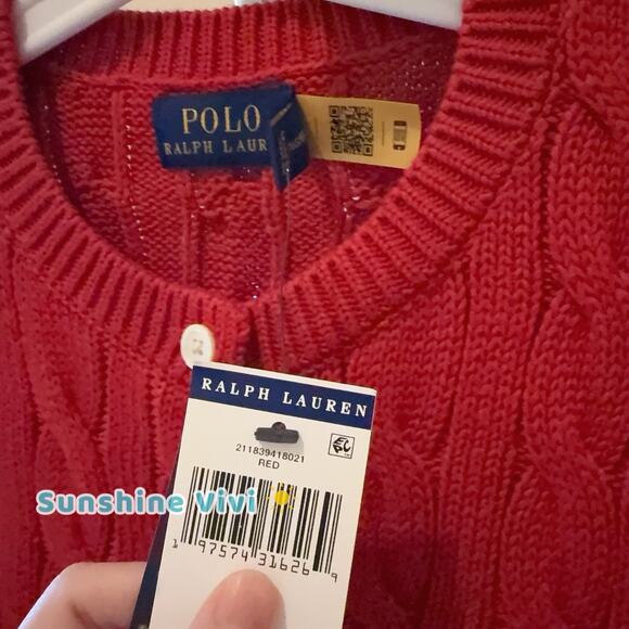 NEW Polo Ralph Lauren Women Cotton Cable Knit Cardigan Sweater Red medium - Picture 7 of 10